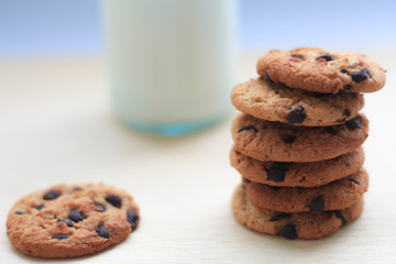 chocolate chip biscuit with glass bottle of milk on blackground.
