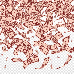 Russian ruble notes falling. Messy RUB bills on tr