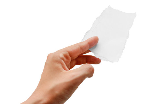 Hands Holding A Small Piece Of Paper. Close Up. Isolated On White Background