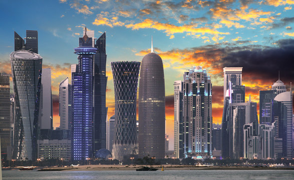 The skyline of Doha, Qatar before sunset