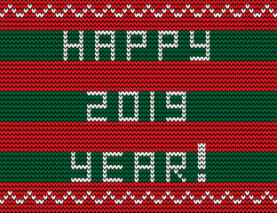 text happy 2019 year on striped red and green knitted background
