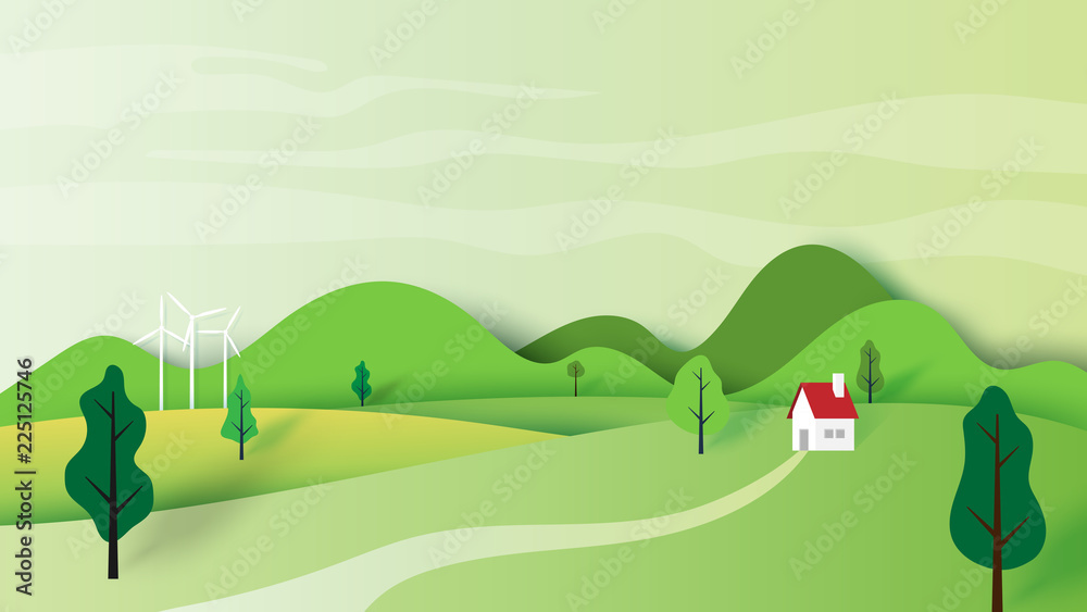 Poster ecology concept and nature landscape scenery with house and mountains paper art style design.vector 
