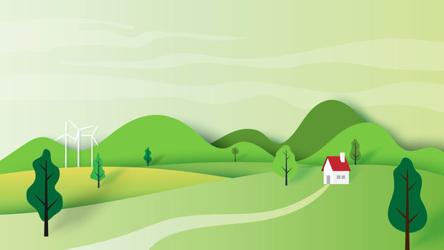 Ecology concept and nature landscape scenery with house and mountains paper art style design.Vector illustration.