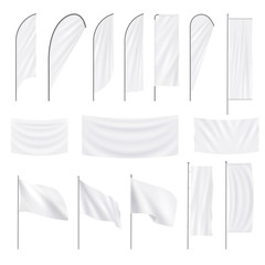Set of realistic white advertising textile flags and banners