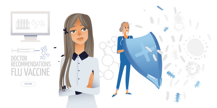 vector isolated flat illustration - young women mother and doctor with a shield think about vaccine for her child. doctor recommended flu vaccine. Monitor and molecular grid.