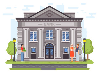 Banking operations. Bank building facade with columns. People carry money to banks, use ATM and send remittances vector illustration