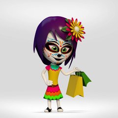  Day of the Dead, girl dressed in Mexican skull making shopping.