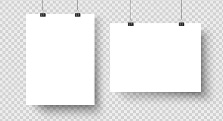 Fotobehang White blank posters hanging on binders. A4 paper page, sheet on wall. Vector mockup © Tartila