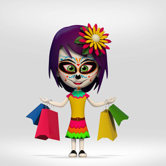  Day of the Dead, girl dressed in Mexican skull making shopping.