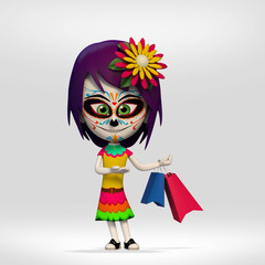  Day of the Dead, girl dressed in Mexican skull making shopping.