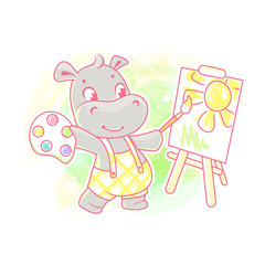 Cute little boy painting. Art school. Painting class. Little artist. Hippo with brush and paints. kids club emblem. Funny cartoon character. Vector illustration. Isolated on white background. 