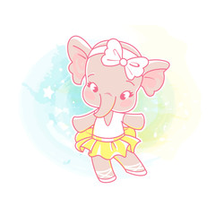 Cute little girl dancing. Choreography class. Little ballerina. Elephant wear bow and tutu skirt. kids club emblem. Funny cartoon character. Vector illustration. Isolated on white background. 