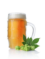 Glass mug of cold light beer with foam and green hops