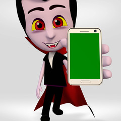 Halloween, boy dressed vampire showing smartphone