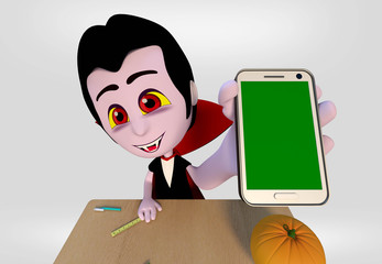Halloween, boy dressed vampire showing smartphone