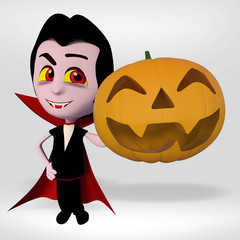 Halloween, boy dressed vampire showing pumpking