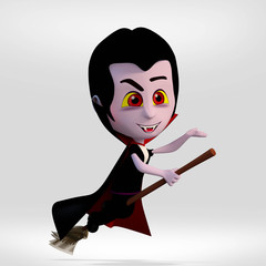 Halloween, boy dressed vampire flying broom