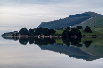Fototapeta na wymiar Trees & hills reflected in the still sea