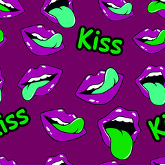 Female lips. Mouth with a kiss, smile, tongue, teeth and kiss me lettering on background. Vector comic seamless pattern in pop art retro style. Abstract seamless pattern for girls, boys, clothes.