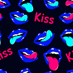 Female lips. Mouth with a kiss, smile, tongue, teeth and kiss me lettering on background. Vector comic seamless pattern in pop art retro style. Abstract seamless pattern for girls, boys, clothes.