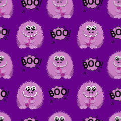 Abstract seamless halloween pattern for girls or boys. Creative vector background with a fluffy cute monster, halloween. Funny monster for textile and fabric.Fashion halloween style.Colorful bright