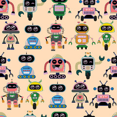A cute, small, friendly blue with a red robot, with antennas and wires, kind vintage eyes and comic style inscriptions. Abstract seamless robot pattern for girls or boys. Creative robot vector pattern