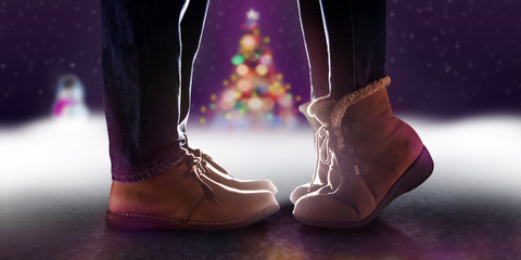 Love Concept, Low Section of Couple Kissing in Winter Romantic Christmas Night. Side View