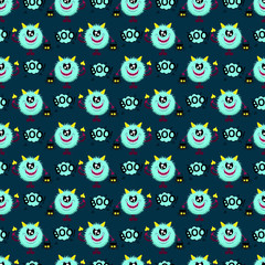 Abstract seamless halloween pattern for girls or boys. Creative vector pattern with fluffy monster, with horns and a tail, basket for sweets in the form of a skull halloween. Funny pattern for textile