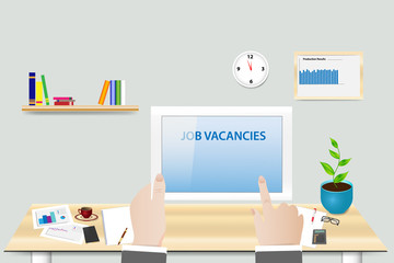 Job Vacancies  concept showing personal manager in his workplace holding tablet with Job Vacancies presentation and free place ready for your text.