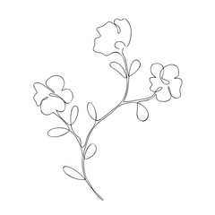 The floral branch with three flowers, decorative summer, spring plant, cherry tree, sakura, one, continuous line art, black outline, vector single, isolated object on the white background