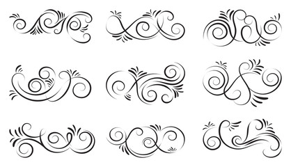 Ornamental design elements.Black dividers on white background. Vector illustration for design, postcard, menu, wedding invitation and books.