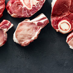 Top view pieces meats pork beef copy space top view