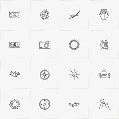 Travel line icon set with photo camera, surf board  and sun