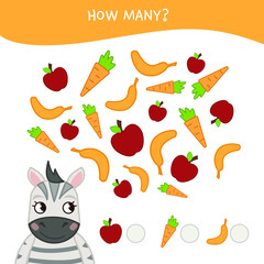 Counting educational children game, math kids activity sheet. How many objects task. Cartoon apple, carrot and banana. Illustration of cute zebra.