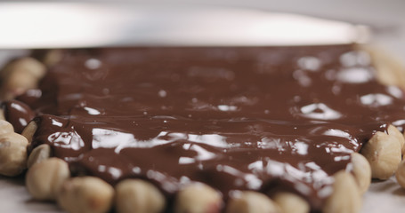 closeup spreading chocolate over roasted hazelnuts