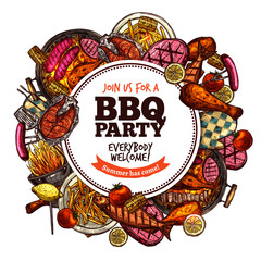 Bbq Grill Party Color Sketch Hand Drawn Round Label