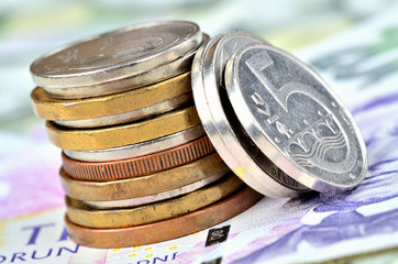 Czech different coins on banknotes - finance concept