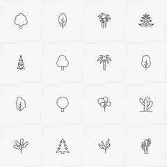 Trees line icon set with cactus tree, palm tree  and tree leaf