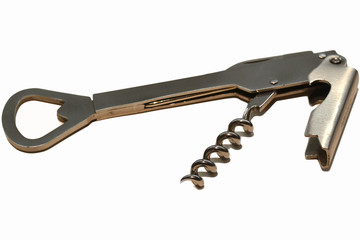 view of steel bottle opener on isolated white background