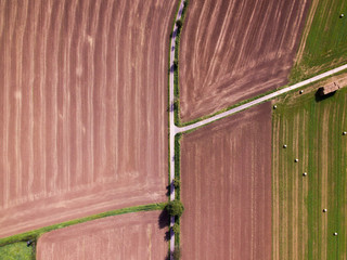 Field patterns in the summer from an aerial view