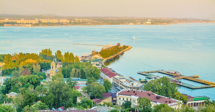 View of the city of Kerch and the sea at sunset from Mount Mithridates