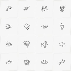 Undersea World line icon set with lobster, turtle  and stingray
