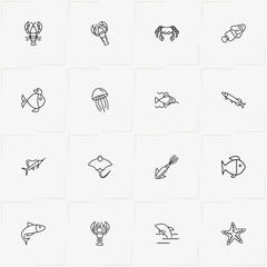 Undersea World line icon set with swordfish , lobster and fish