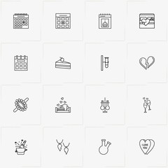 Valentines Day line icon set with drinks glasses, cake pie and heart pendant