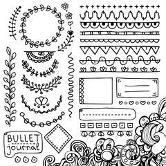 Bullet journal hand drawn vector floral elements for notebook, diary and planner. Doodle banners isolated on white background. Frames, dividers, floral elements.