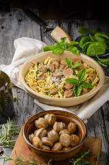 Homemade spaetzle, barbecue sausage and fresh cheese