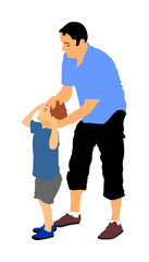 Physiotherapist and kid, boy exercising in rehabilitation center, vector illustration isolated. Doctor pediatrician supports the child during physiotherapy treatment. holding hands making first steps.