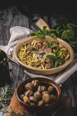 Homemade spaetzle, barbecue sausage and fresh cheese