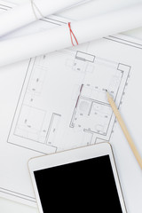 Naklejka na ściany i meble Interior designer table workplace with house plan