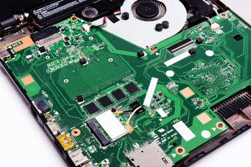 disassembled laptop on a white background, laptop repair, details of a laptop